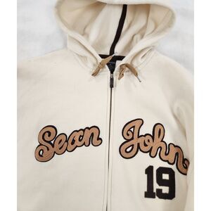 Sean John Mens Spellout Zip Up Hoodie Size XL Cream Brown Y2K Streetwear Logo